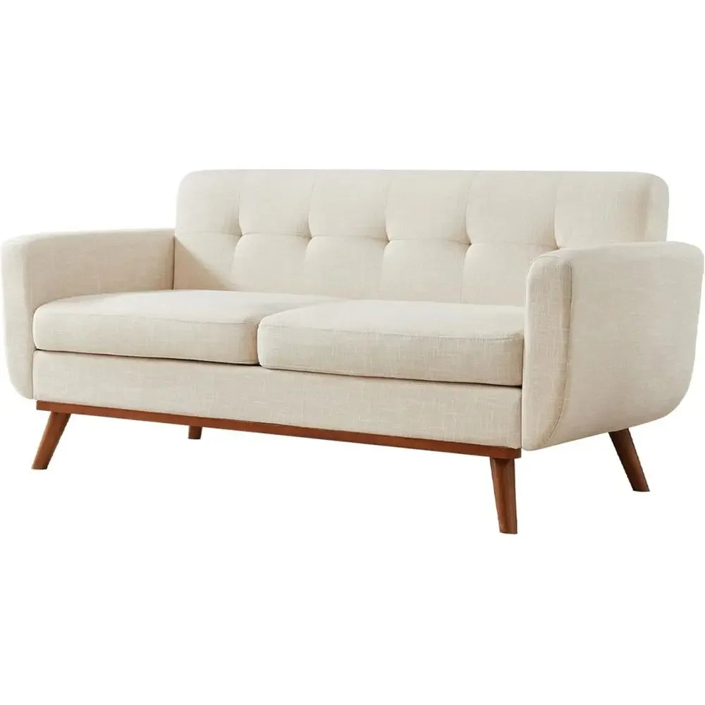 Embercoast beige loveseat with two seat cushions and tapered wood-tone legs