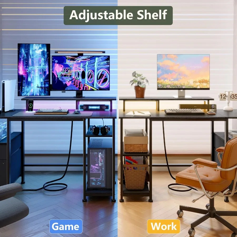 Gaming and work configurations demonstrating the adjustable side shelf