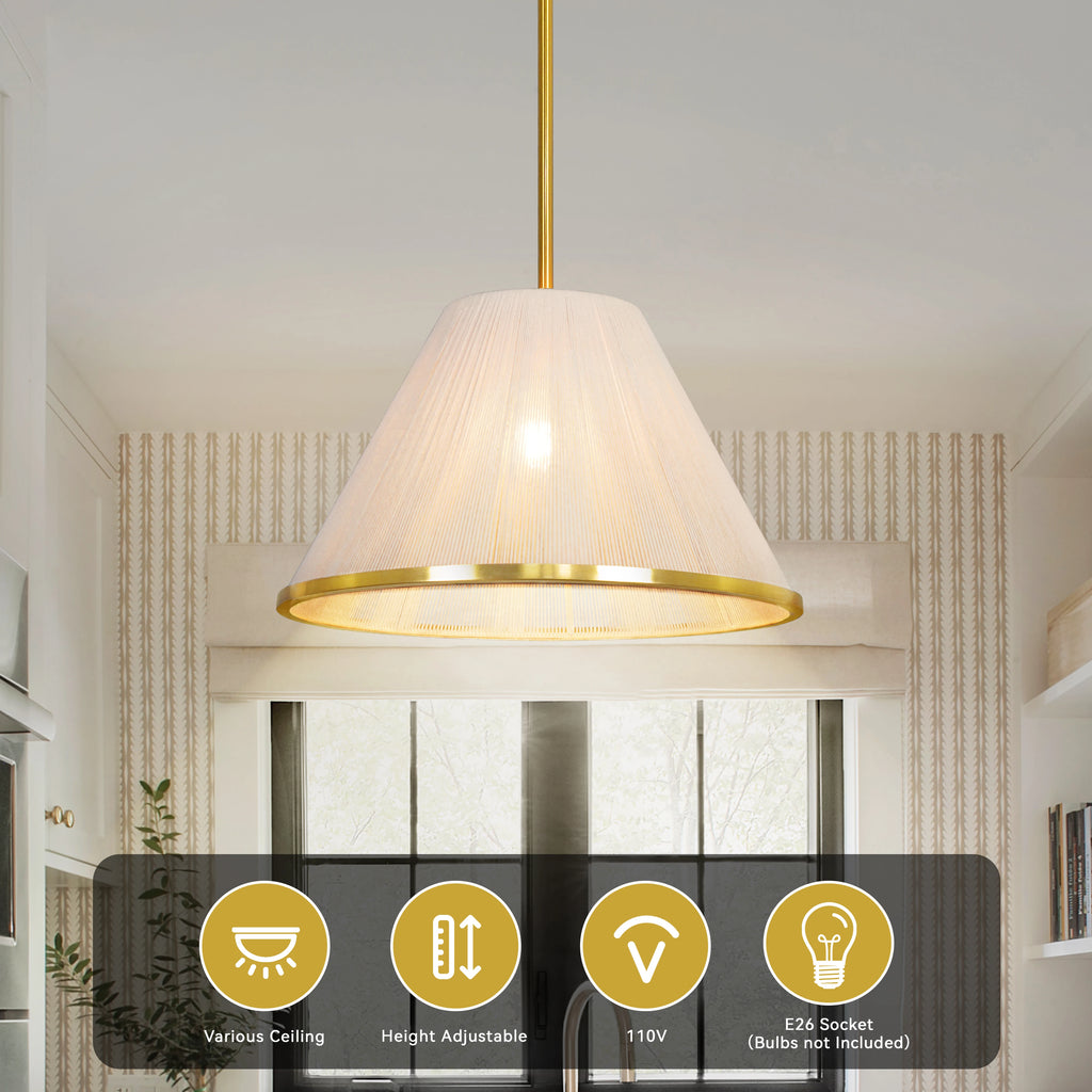 Loomveil pendant specification graphic showing 110V, an E26 socket with bulb not included, and adjustable hanging height.