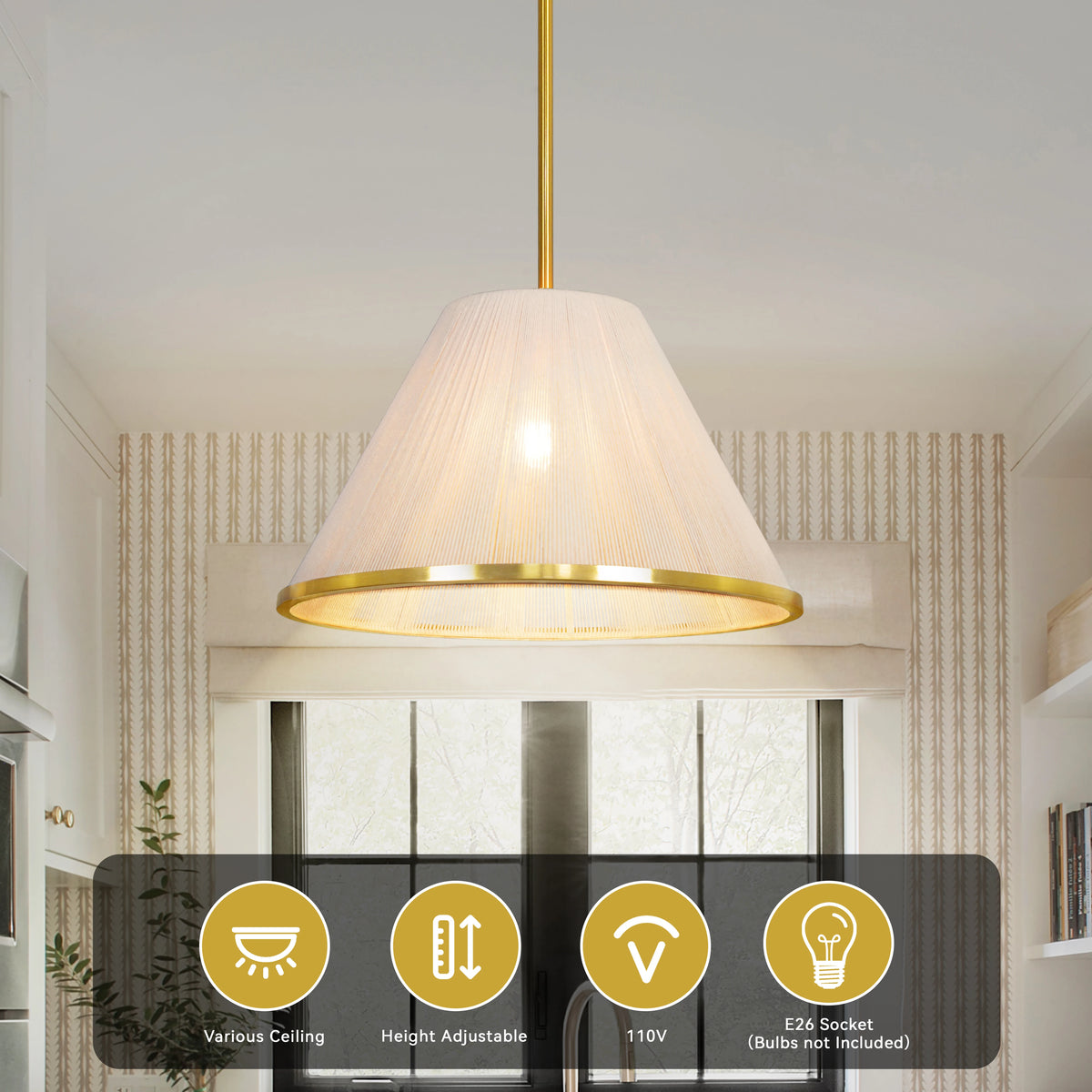 Loomveil pendant specification graphic showing 110V, an E26 socket with bulb not included, and adjustable hanging height.