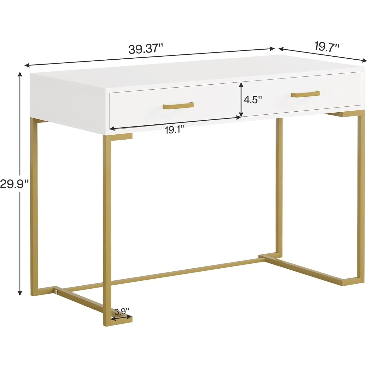 White desk with gold legs and dimensions labeled