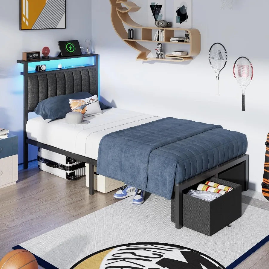 Twin bed angled view with one foot-end drawer open