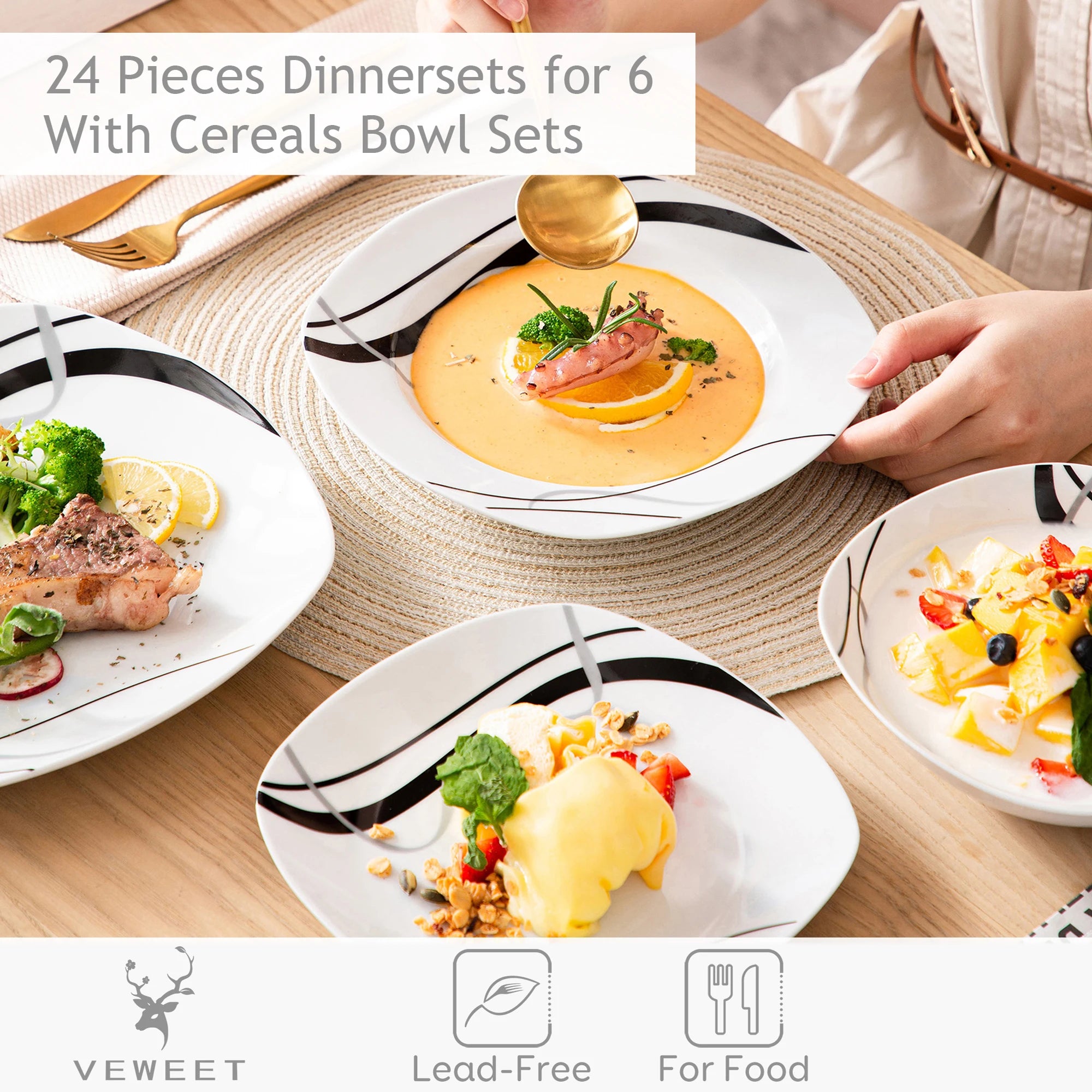 VEWEET Fiona Porcelain Dinnerware Set – 18/36 Pieces, Gray & Black Lines