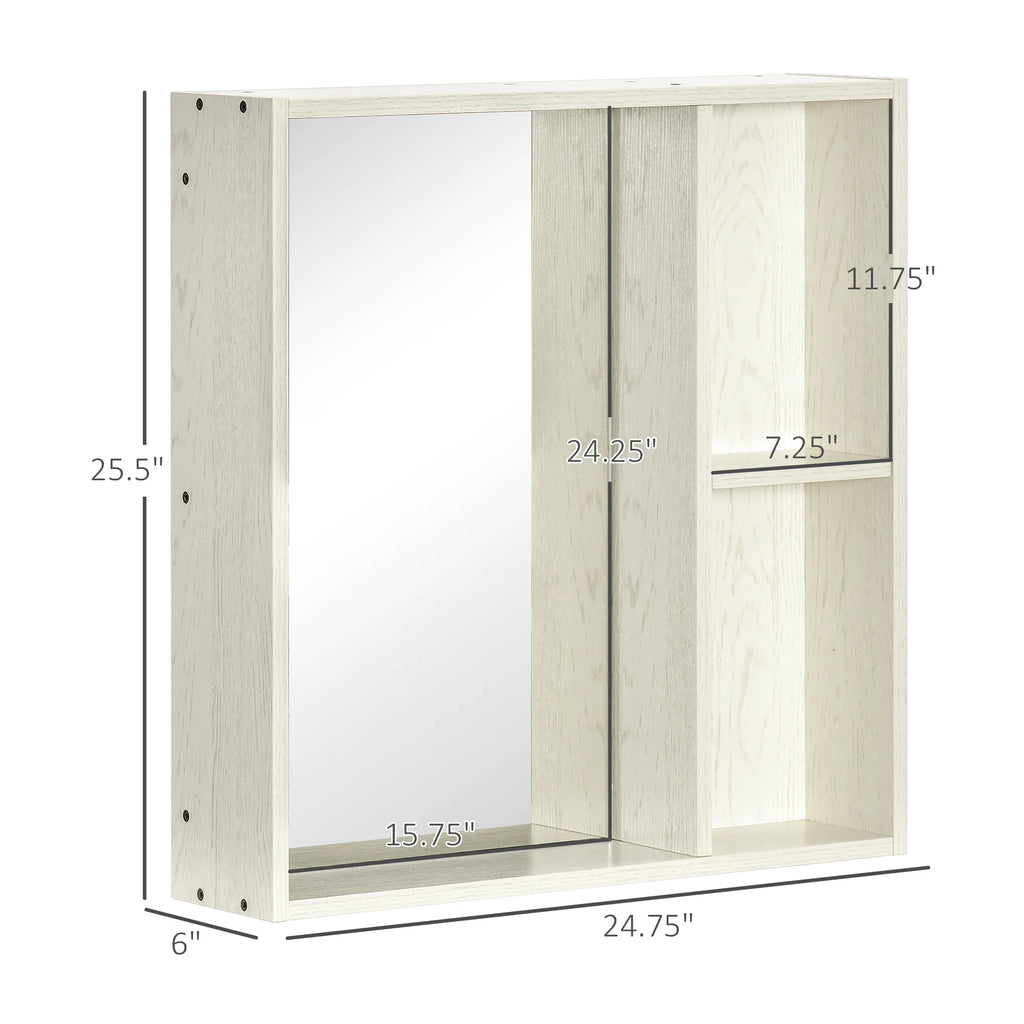 Silhouettewhisper diagram showing overall 24.75 by 6 by 25.5-inch dimensions and mirror and shelf openings