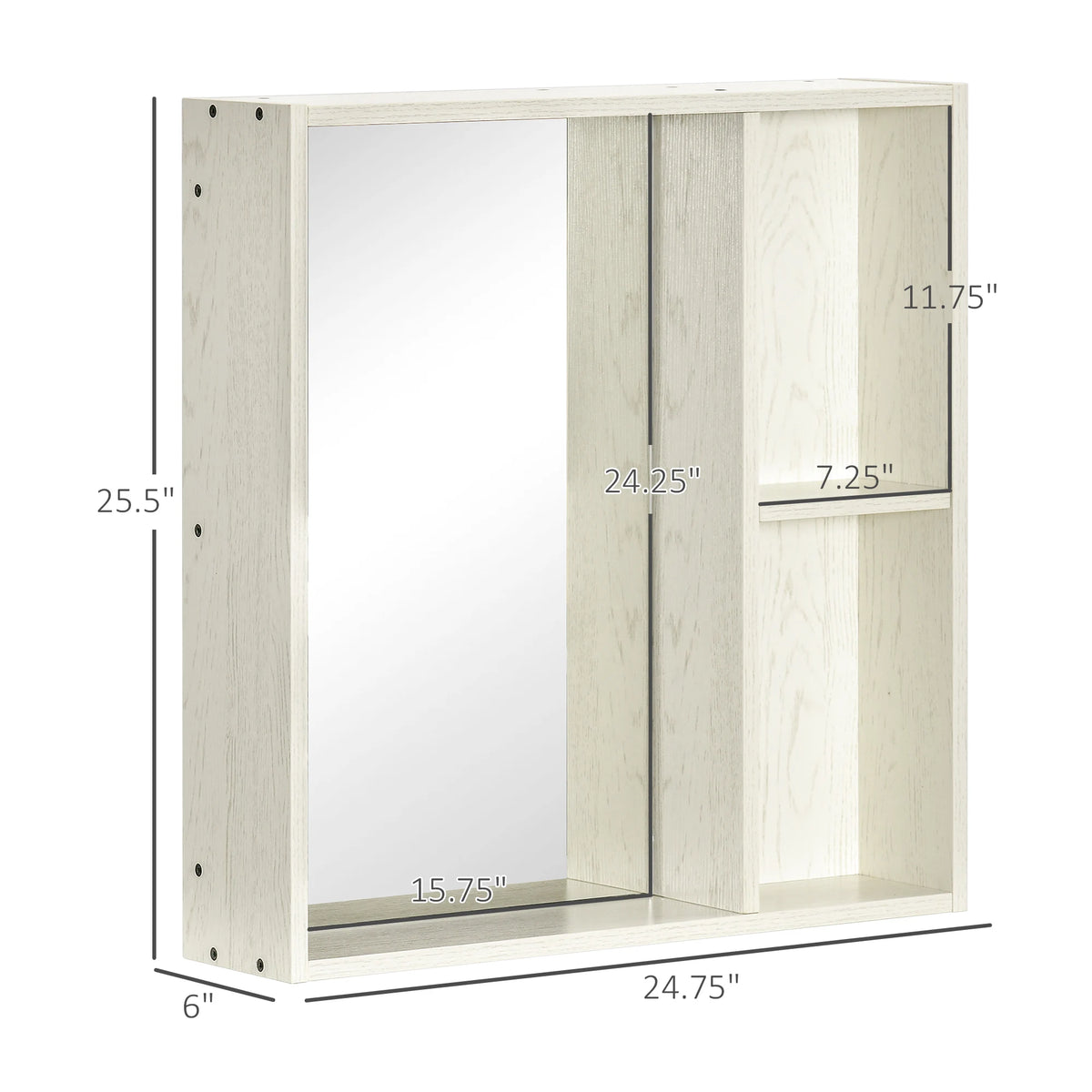 Silhouettewhisper diagram showing overall 24.75 by 6 by 25.5-inch dimensions and mirror and shelf openings