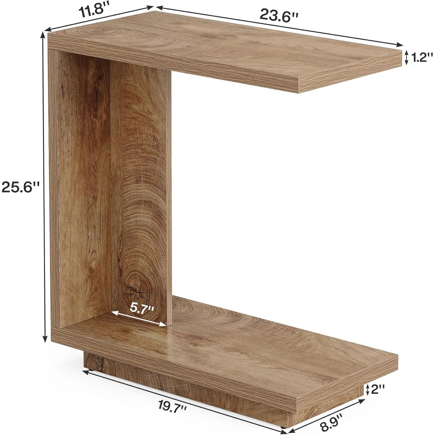 Wooden shelf with dimensions labeled on a white background
