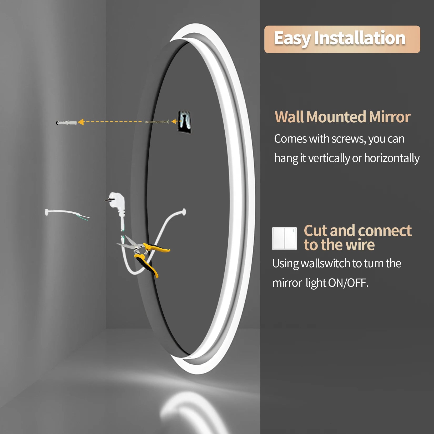Round LED Bathroom Mirror with Backlit Lighting & Anti-Fog