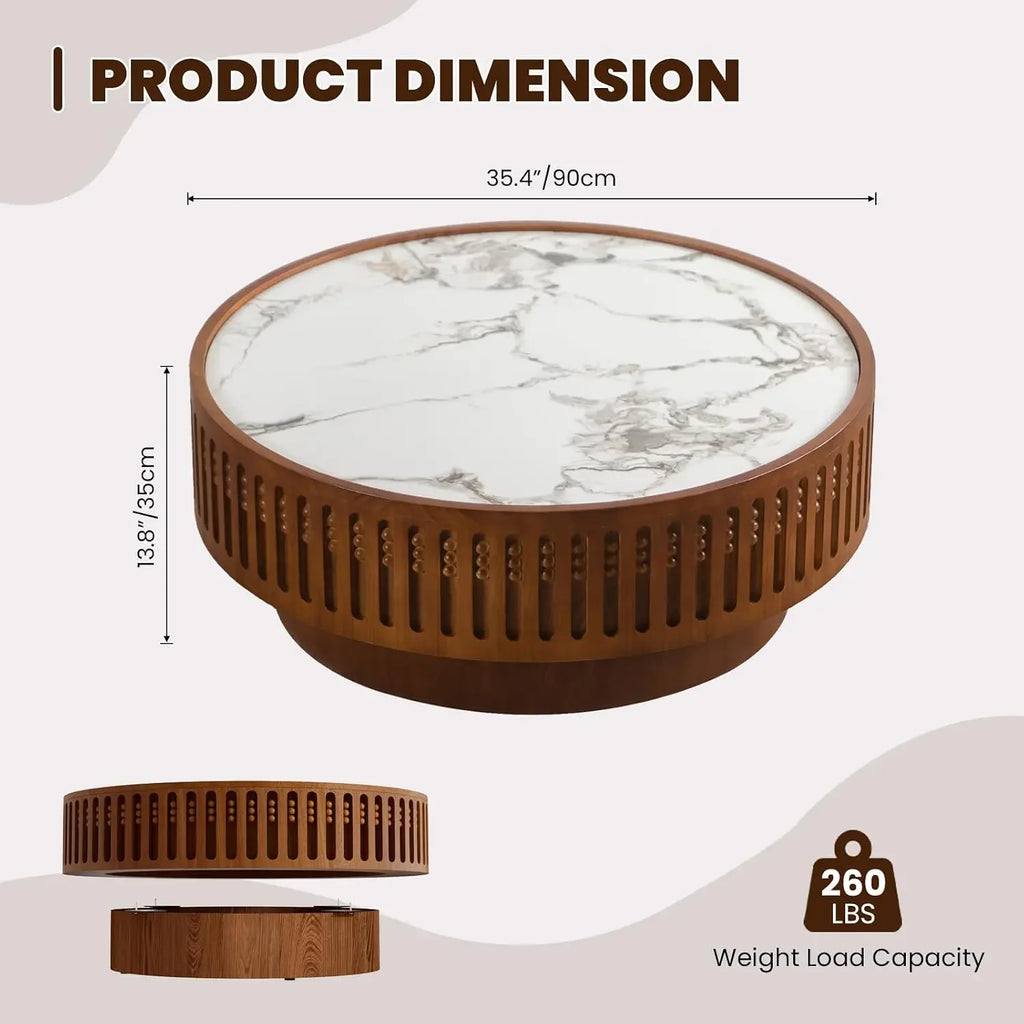 Orelia Large coffee table dimension diagram showing 35.4-inch diameter, 13.8-inch height and maximum load of 260 lbs.