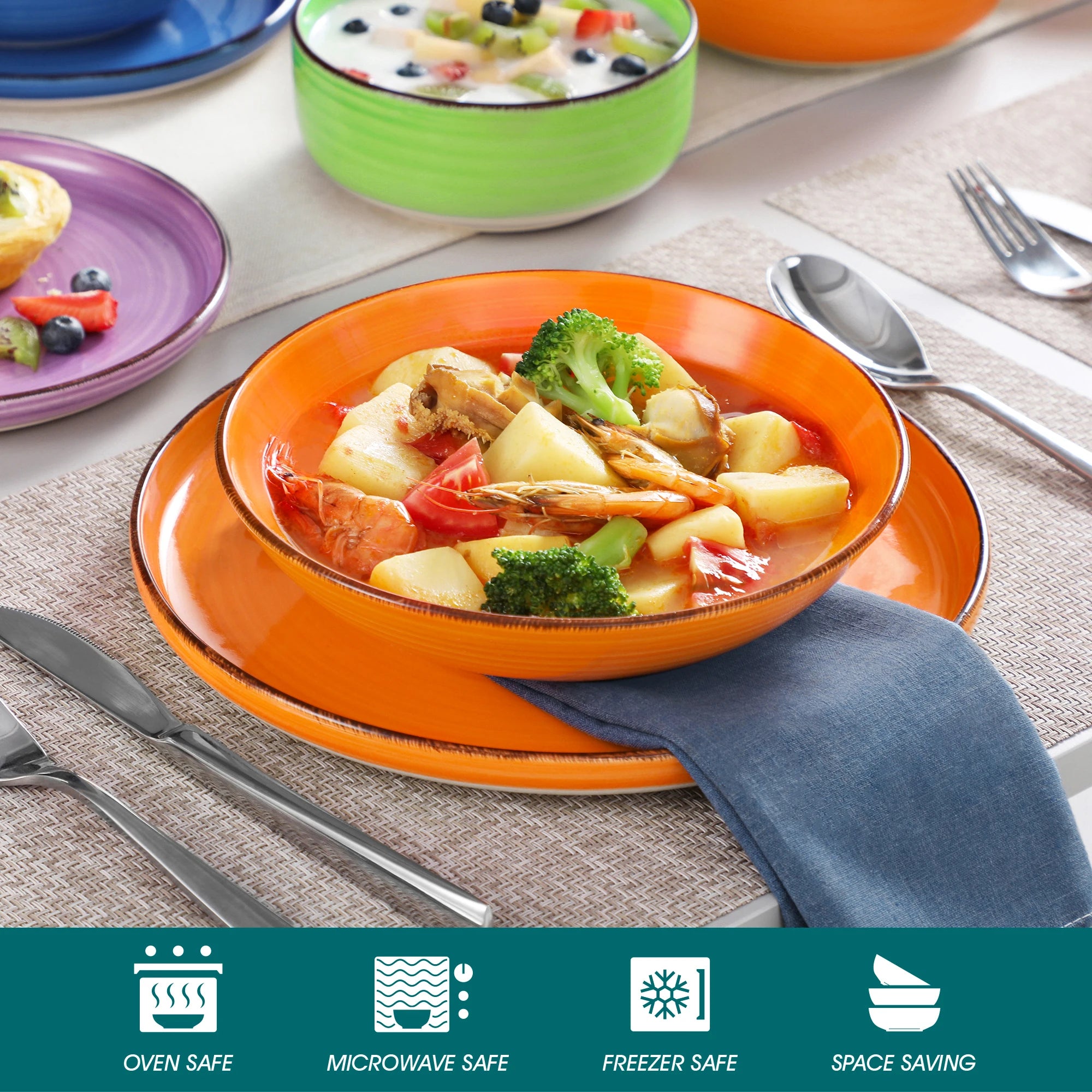 VANCASSO Bonita Lipped-Edge Stoneware Dinnerware Set – 12/18 Pieces, Multicolor