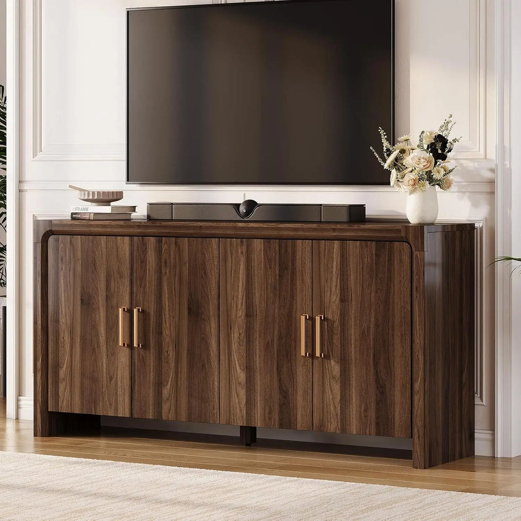 Cloudlark walnut-look four-door sideboard with gold-tone handles beneath a wall-mounted television