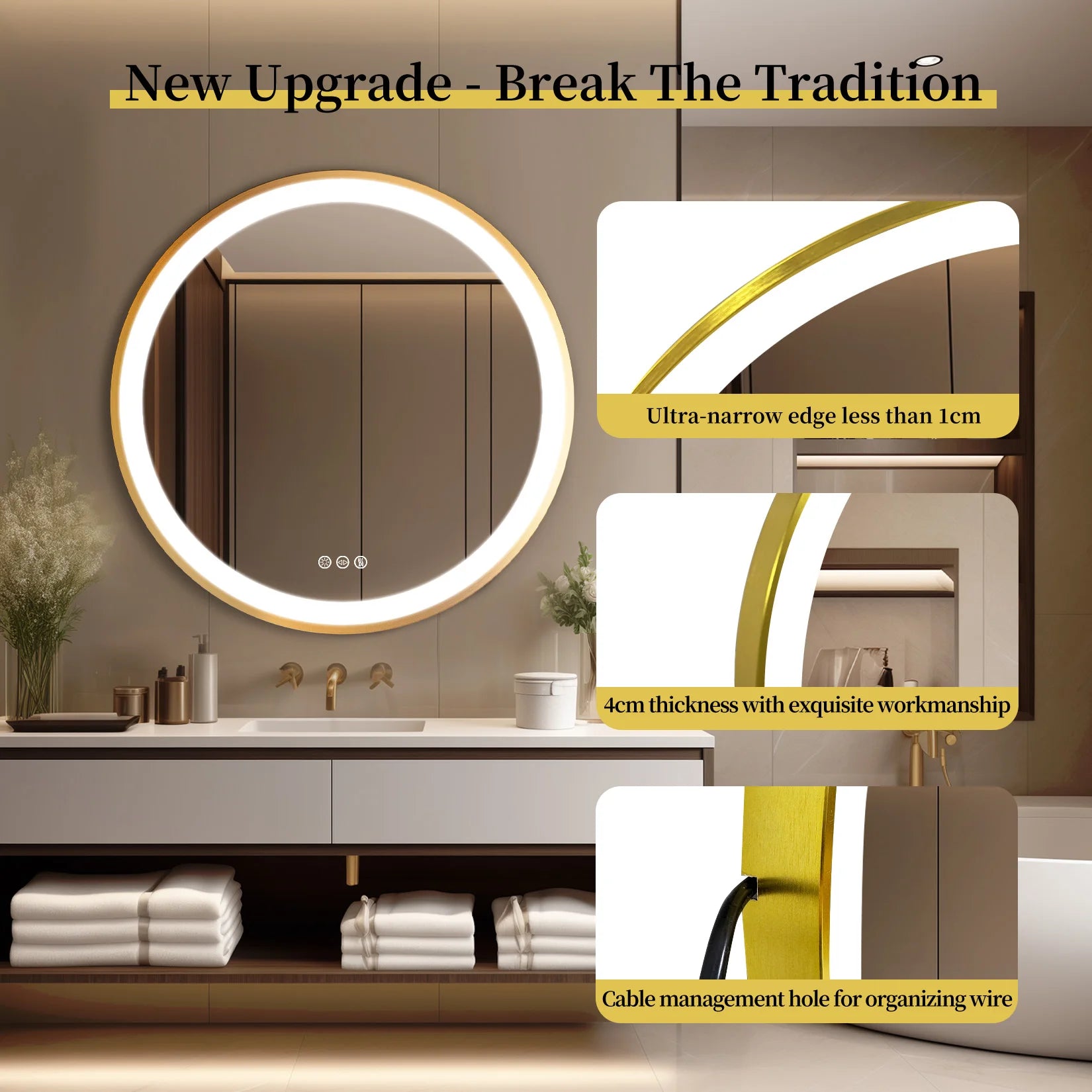 Round LED Bathroom Mirror – Gold Aluminum Frame, Anti-Fog