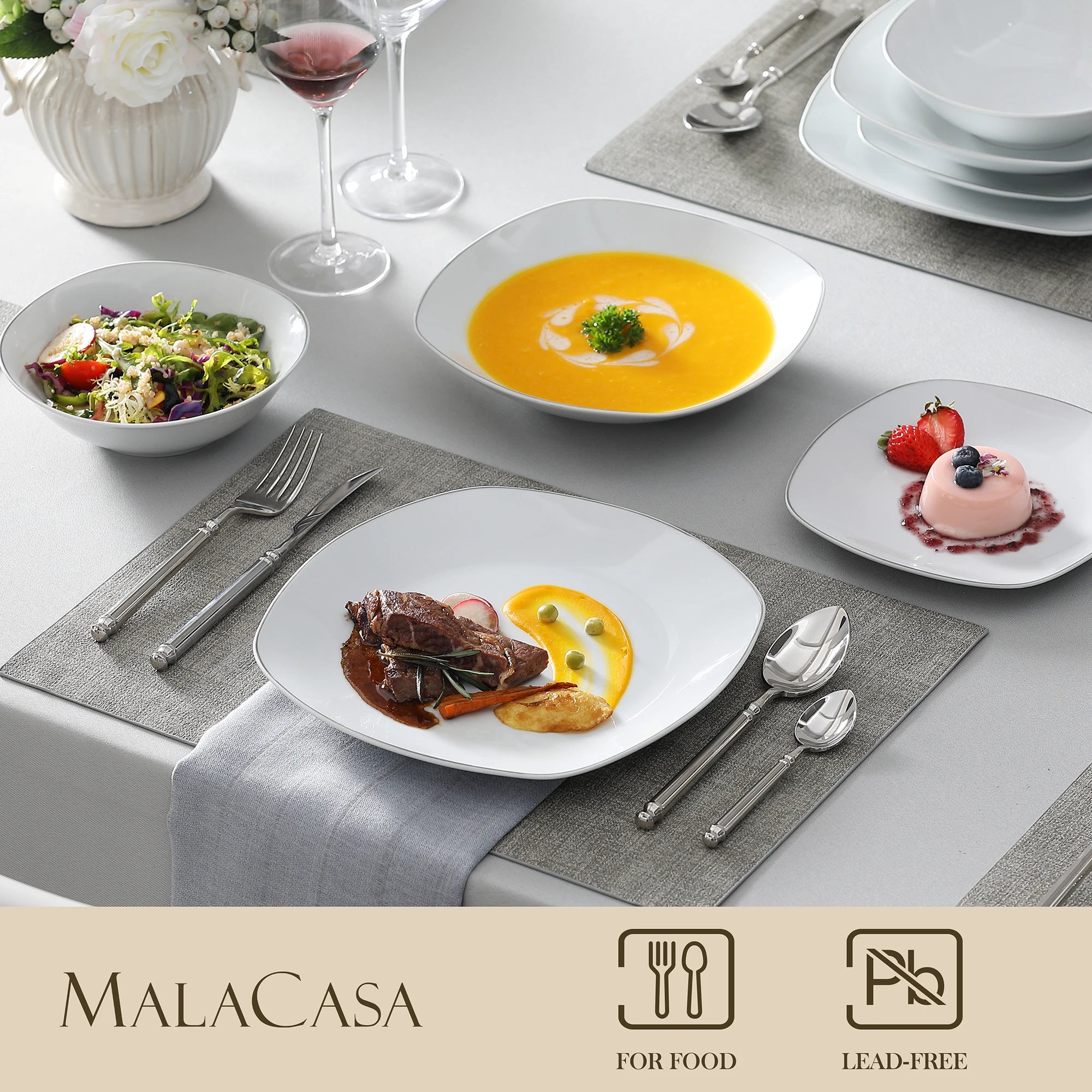 MALACASA Elisa Silver Trim Dinnerware