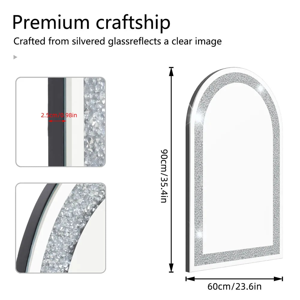 Silver glass frame with dimensions and text about premium craftsmanship.