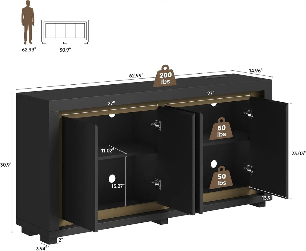 Driftloom sideboard dimension diagram with open doors, shelf references and separate load labels
