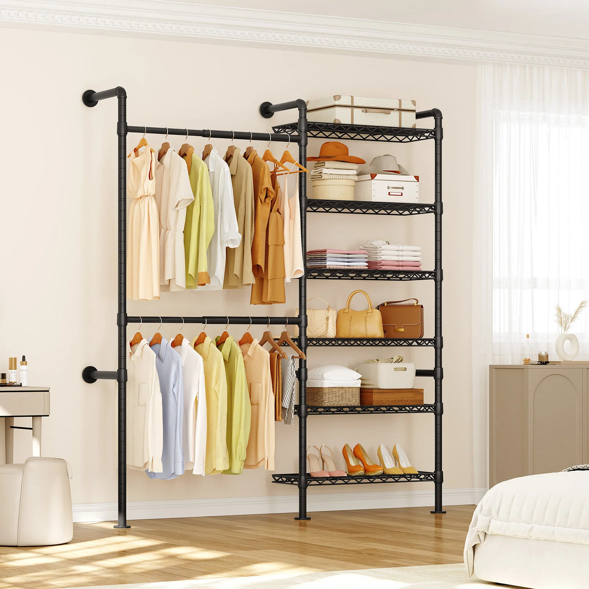 Black Wonderveil closet system with six shelves beside two hanging rods in a bedroom