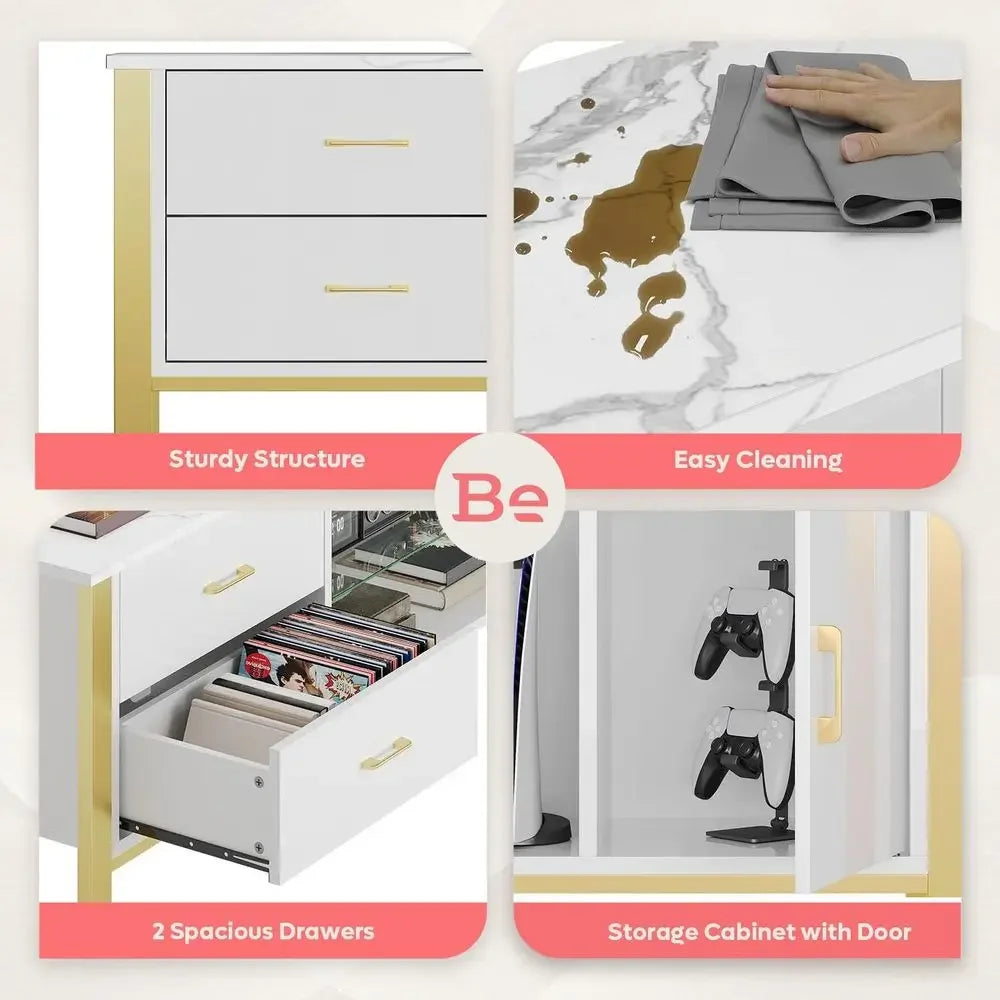 Merovelle close-ups of marble-look surface, gold-tone frame, two drawers and one storage cabinet