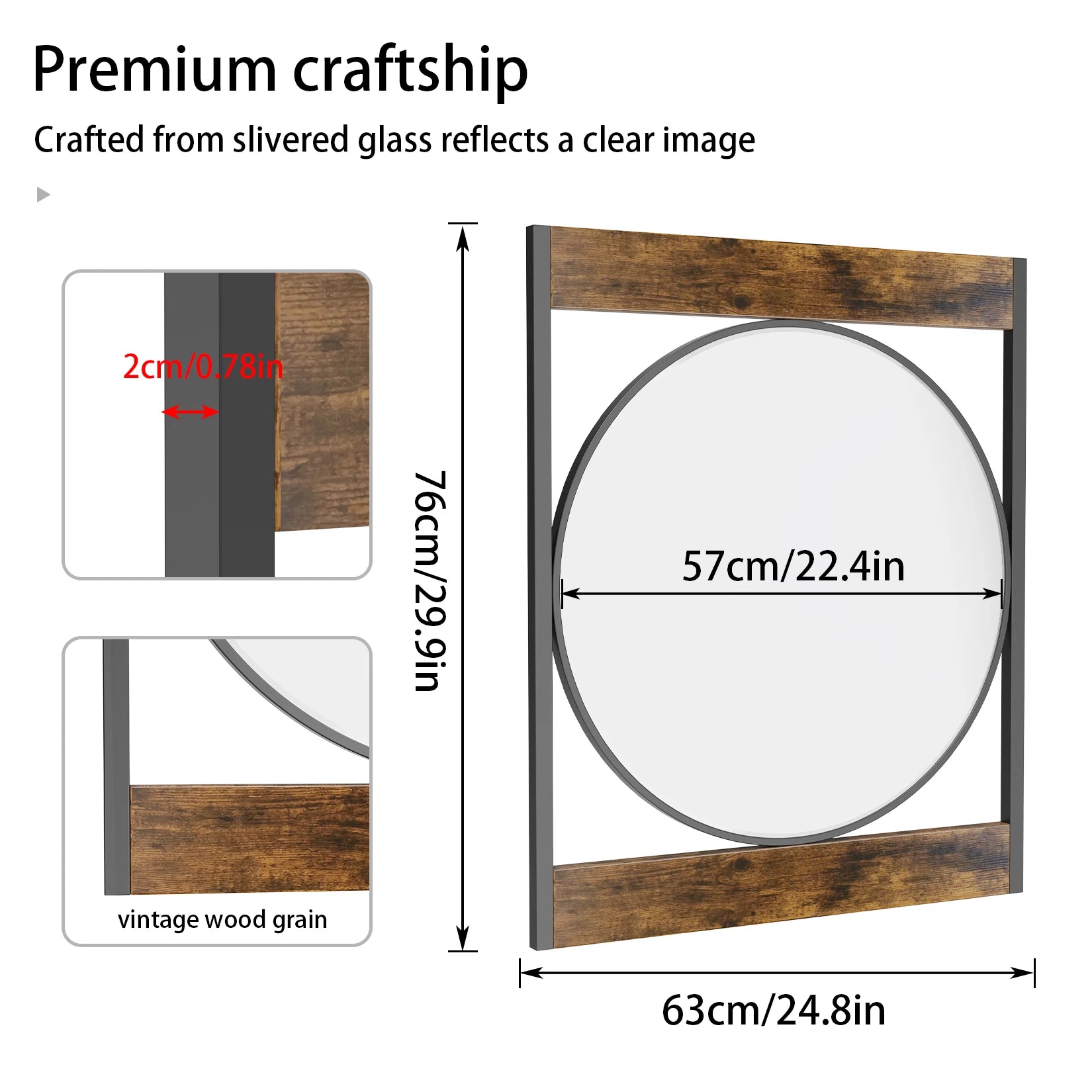 Round mirror with wooden frame and measurements on a white background