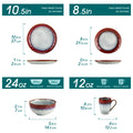 Size diagram for two round plates, a bowl and a handled mug, with dimensions and normal and maximum capacities.