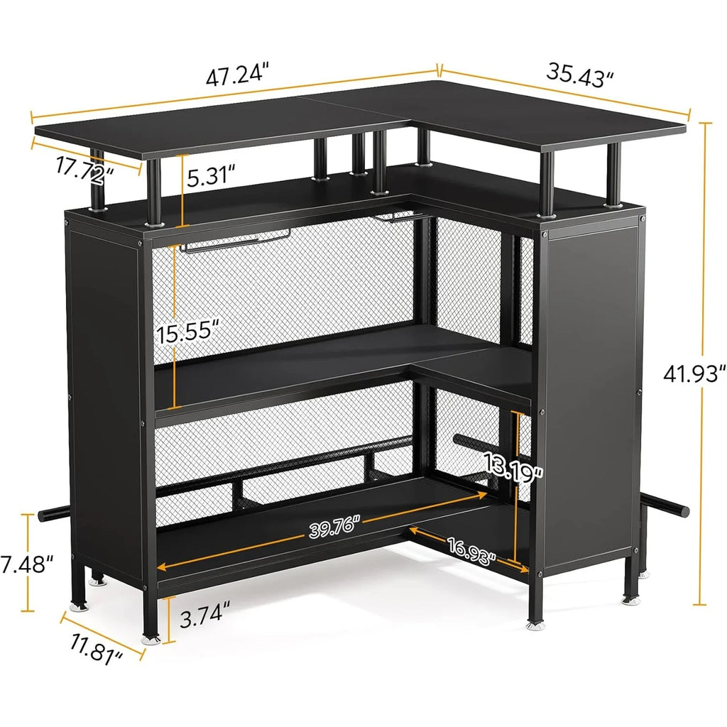 Black L-shaped desk with measurements on a white background