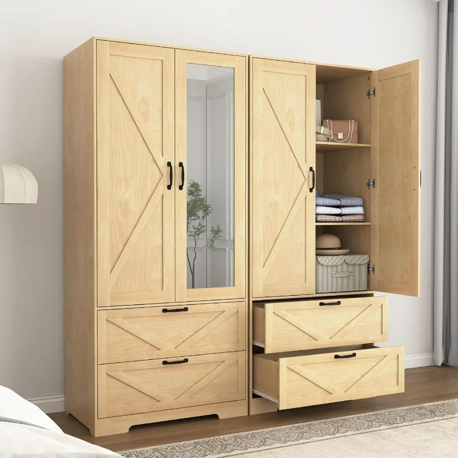 Two natural-finish wardrobes staged side by side, with one closed and the other partly open with both drawers extended.