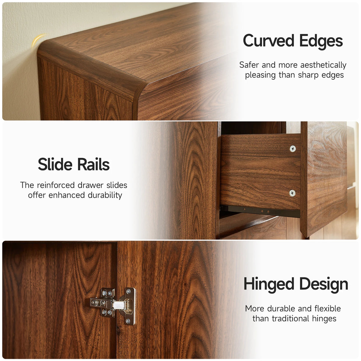 Pearlrise details showing curved edges, drawer slides and door hinges