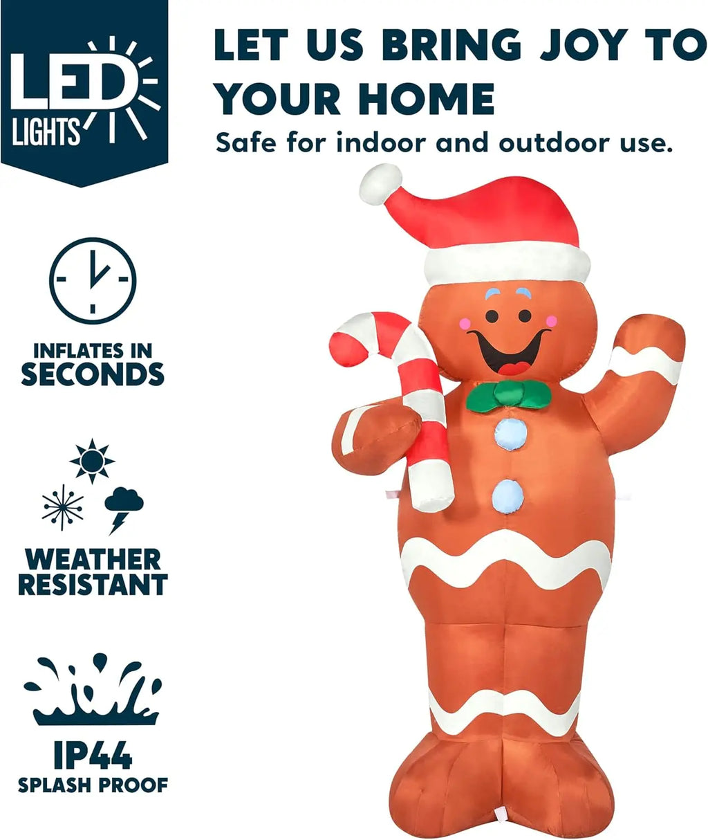 Sugarwave gingerbread Christmas inflatable with lighting and setup feature callouts.
