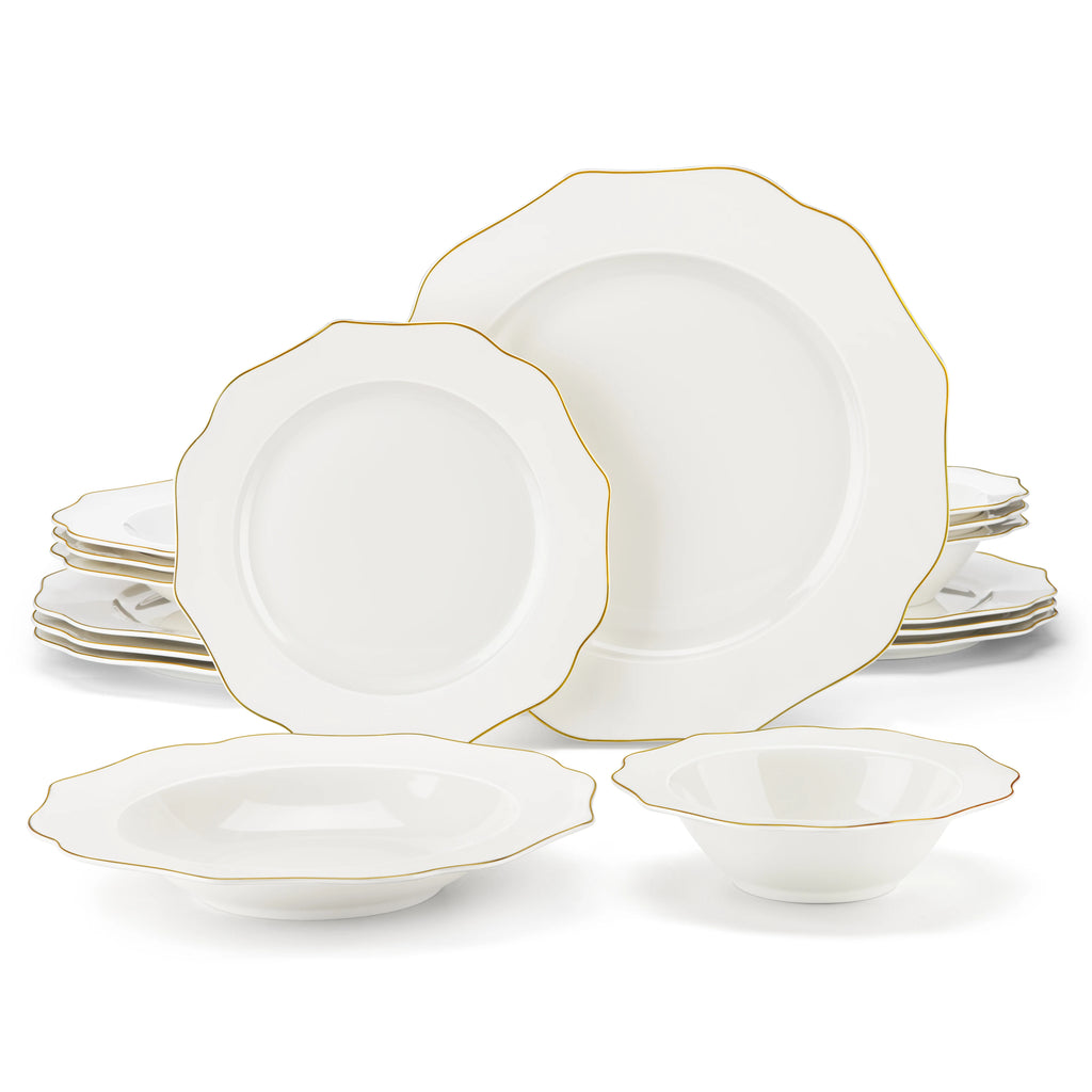 MALACASA LOTUS 16-Piece White Ceramic Dinnerware Set with Gold Rim