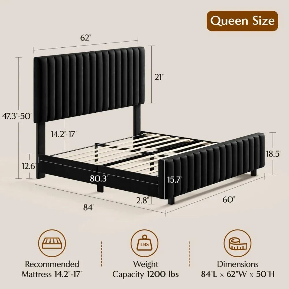 Veltrenne Queen frame diagram with wooden support slats and an 18.5-inch footboard height