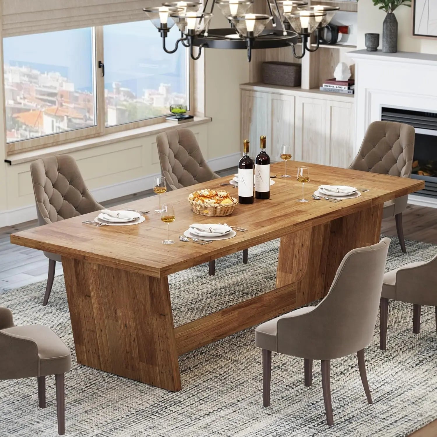 Rectangular Dining Table with Modern Trestle Base