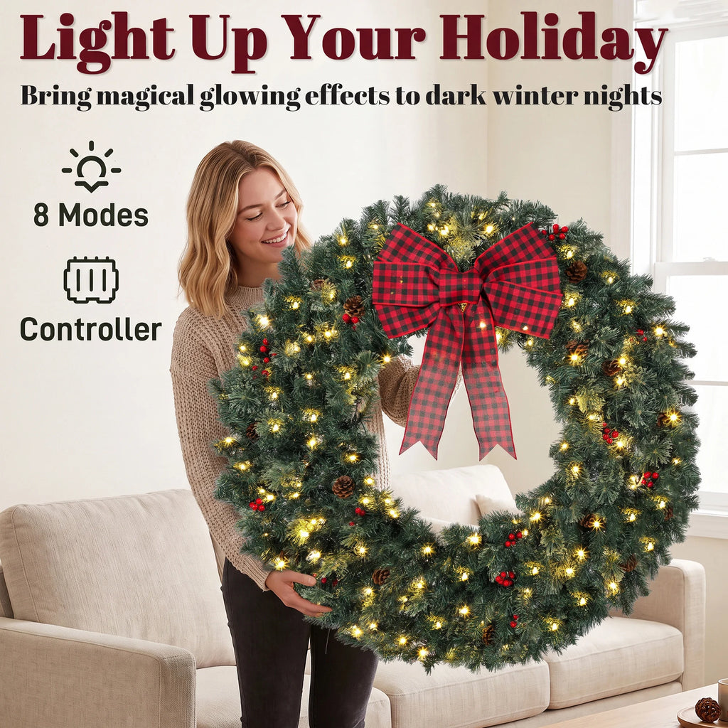 Berrivale wreath lighting feature graphic showing eight modes and controller operation