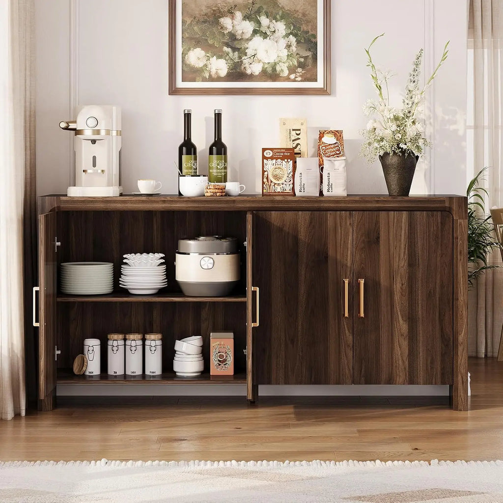 Cloudlark sideboard with left cabinet doors open to display dishes and kitchen storage
