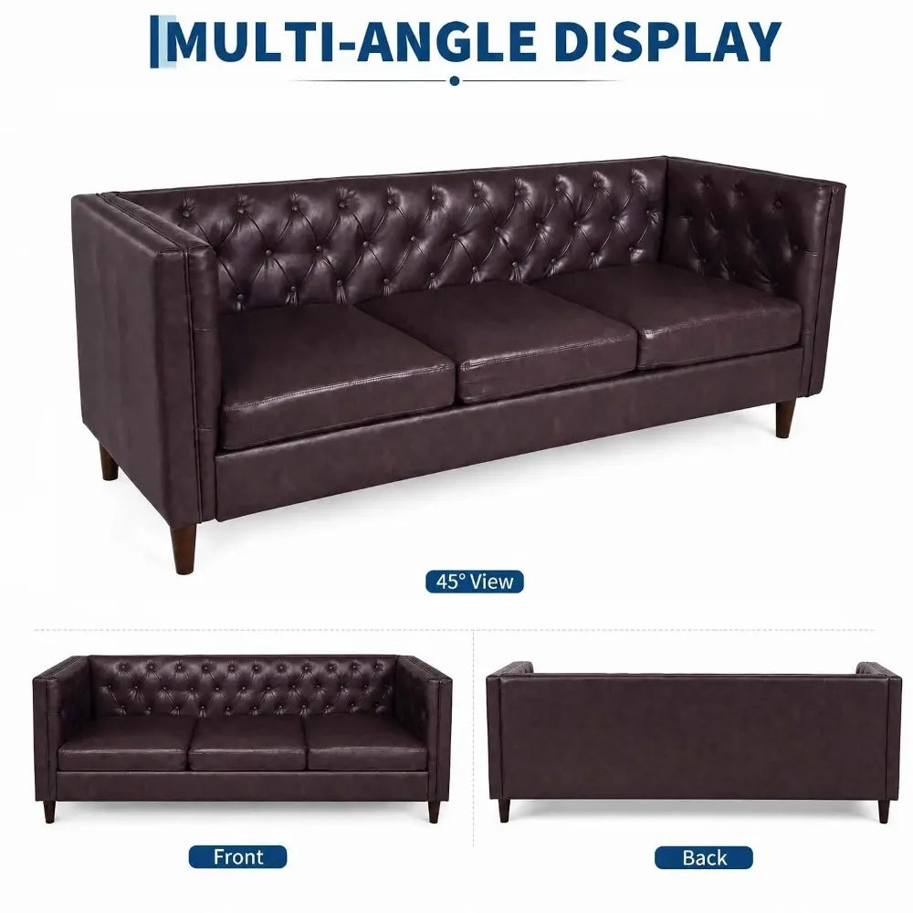 Fennwick Brown sofa with diamond tufting shown from front back and angled perspectives