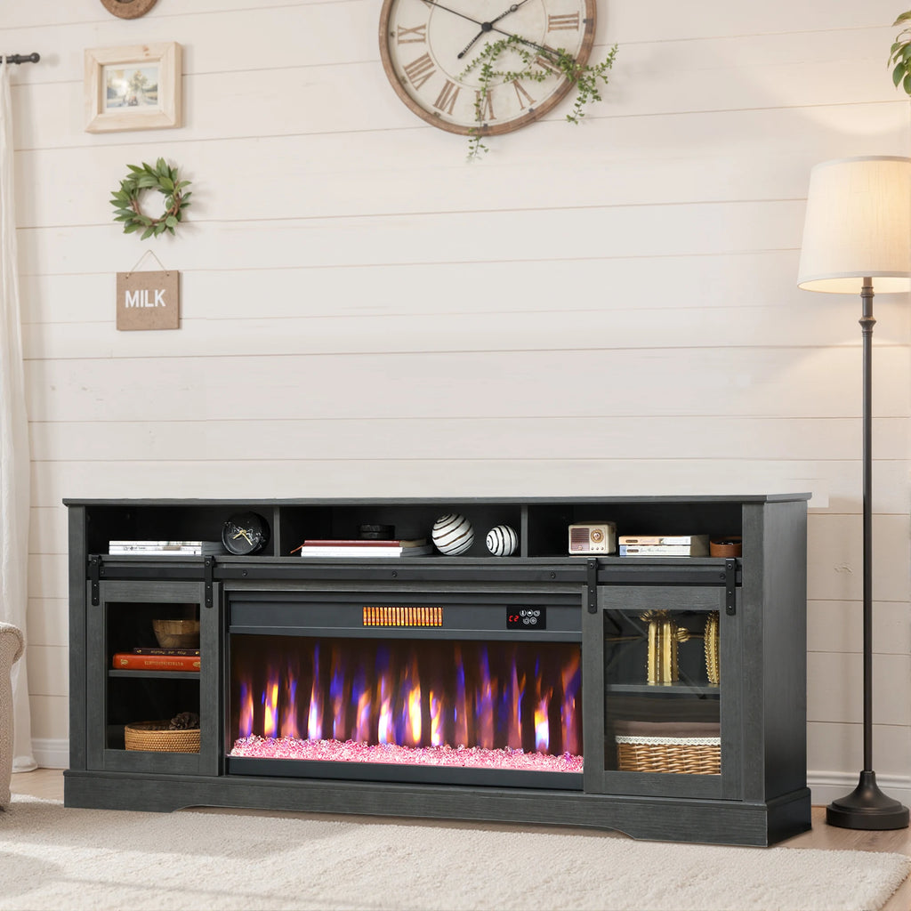 Threadveil dark gray fireplace TV stand with purple and orange flame effects in a living room.
