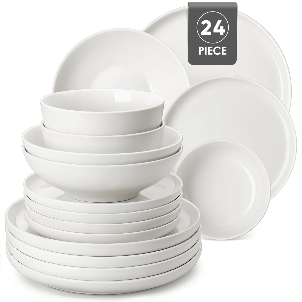 MALACASA Porcelain Dinnerware Set – White or White with Black Rim, 12–24 Pieces