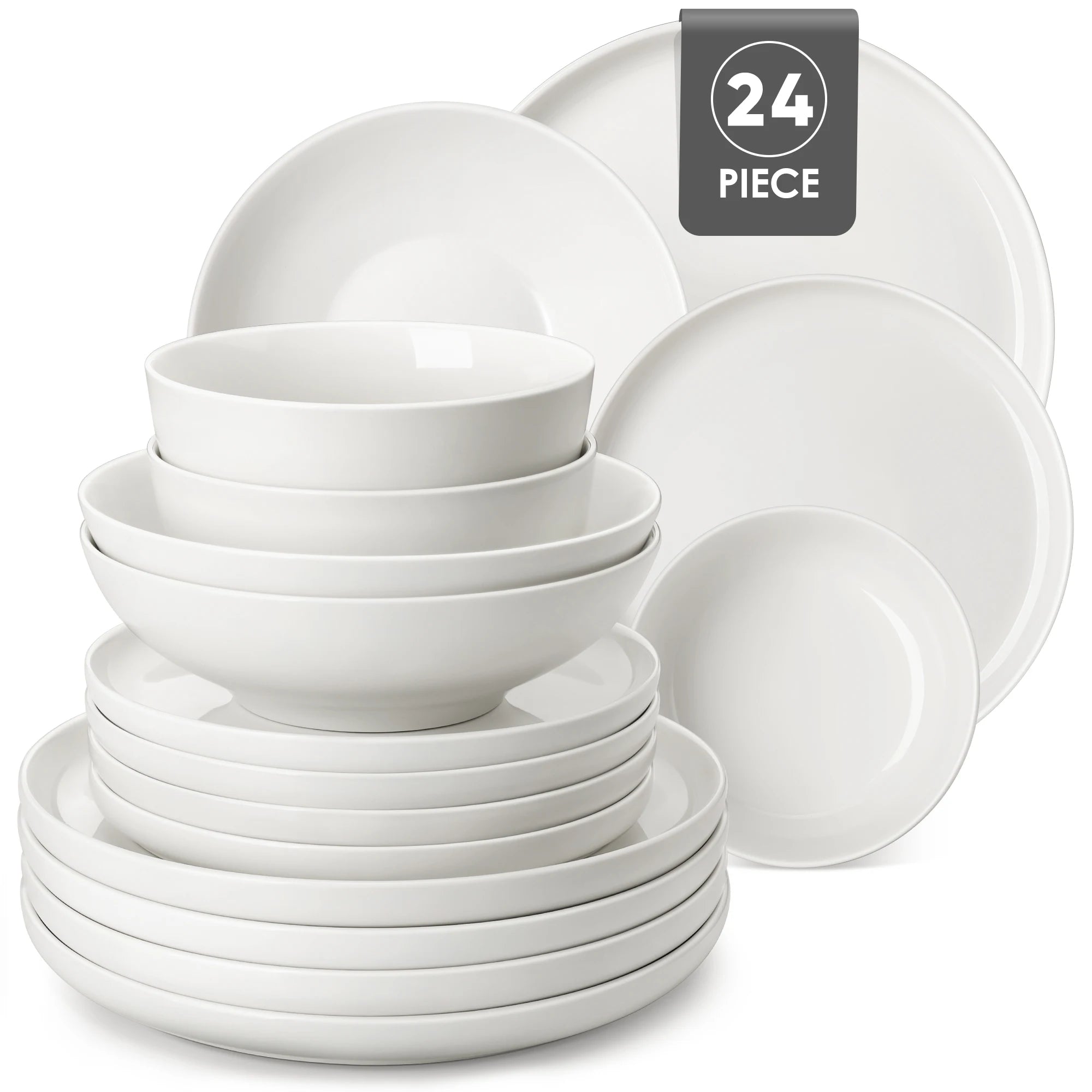 MALACASA Porcelain Dinnerware Set – White or White with Black Rim, 12–24 Pieces