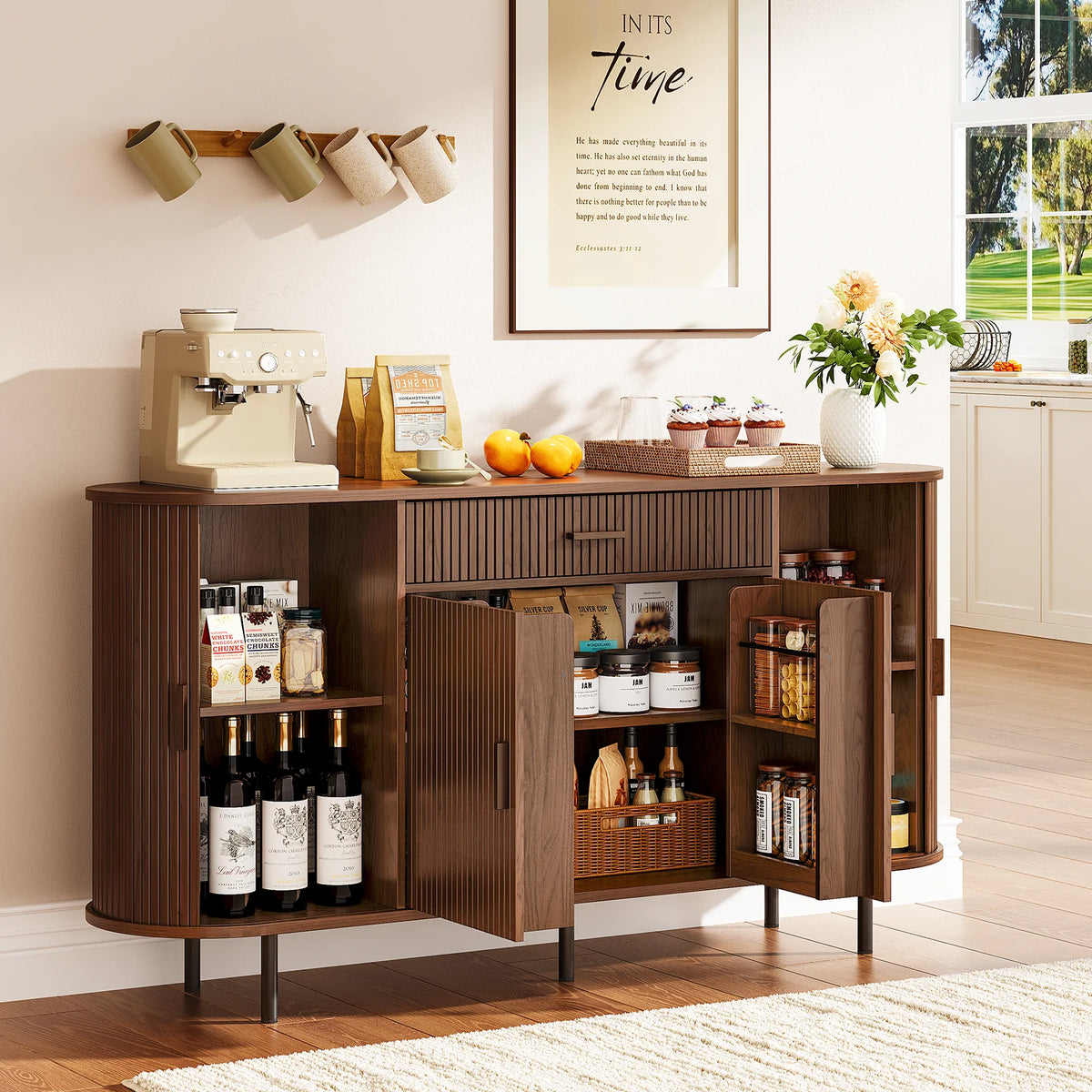 Walnut Cindersong used as a coffee station with side compartments and center cabinet open