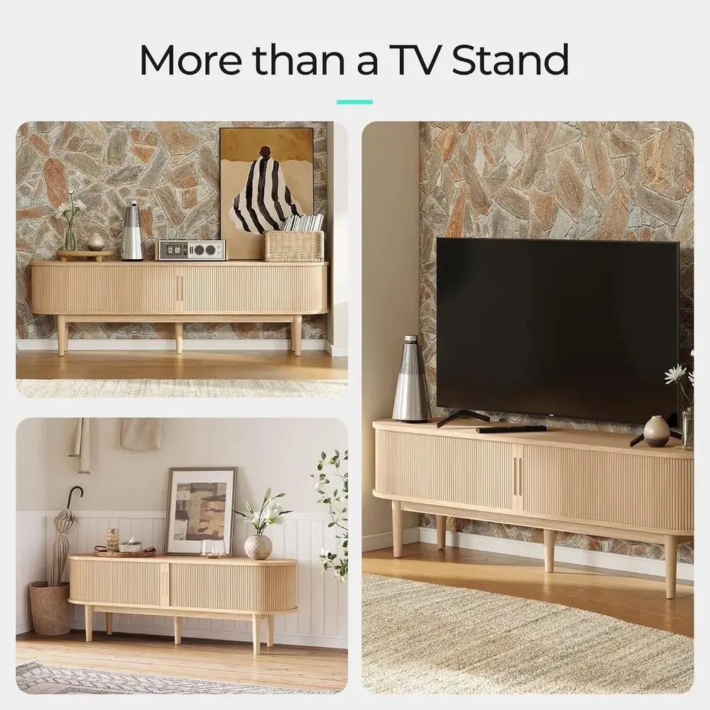 Wenselle natural fluted cabinet shown in three room arrangements for storage and media