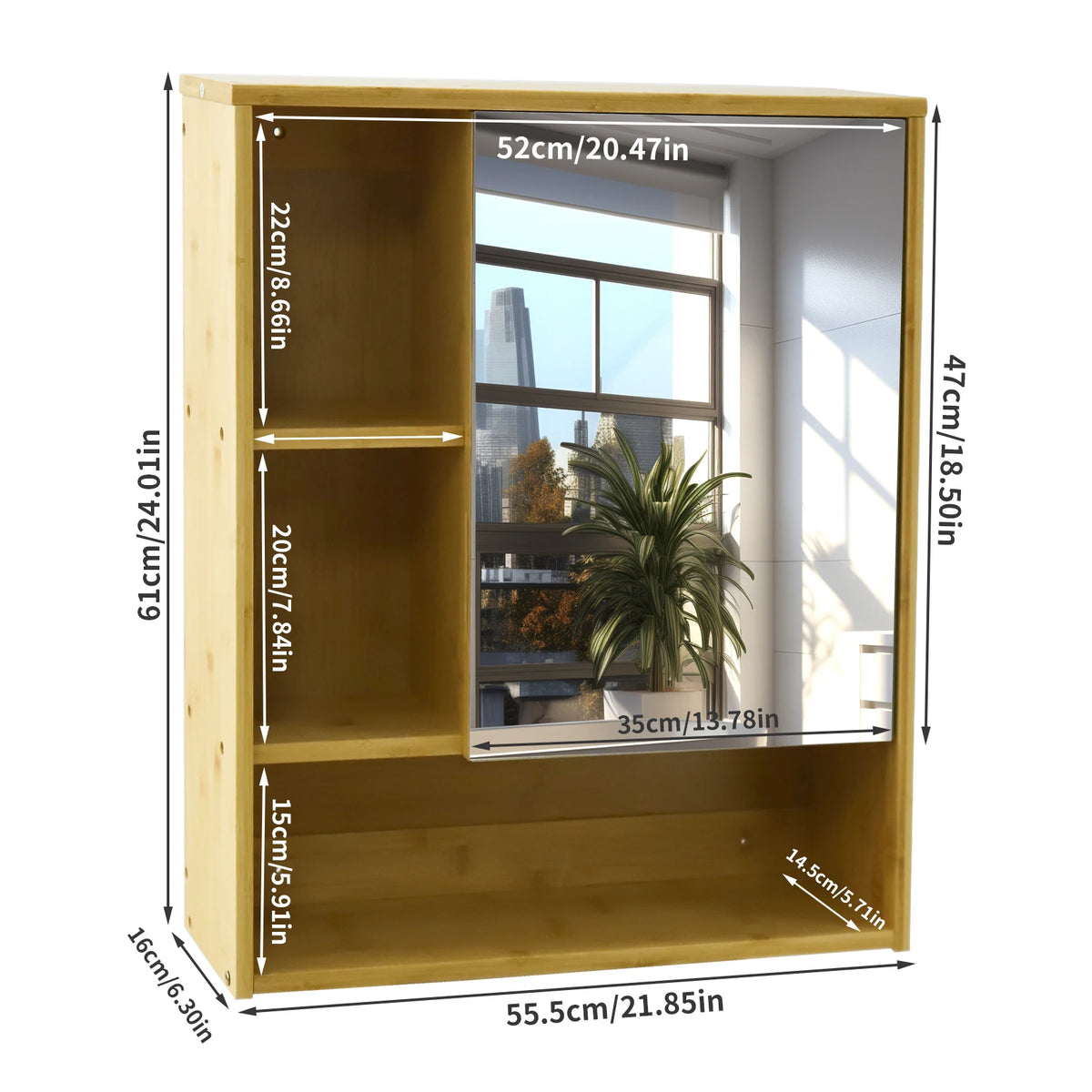 Charmline dimensions: 21.85-inch width, 6.30-inch depth, 24.01-inch height and mirror measurements