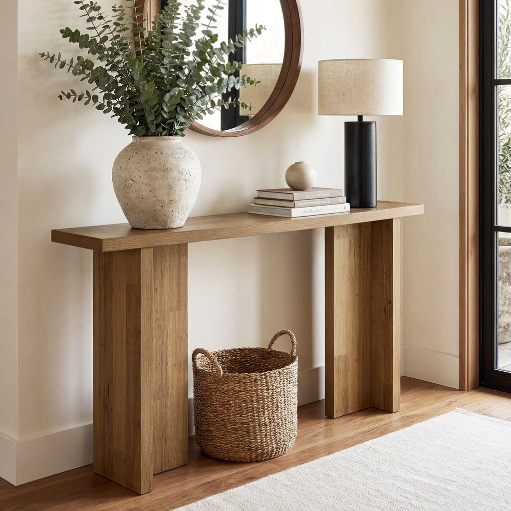 Harmonysong brown wood-grain console table beneath a round mirror, styled with a lamp, vase and books.