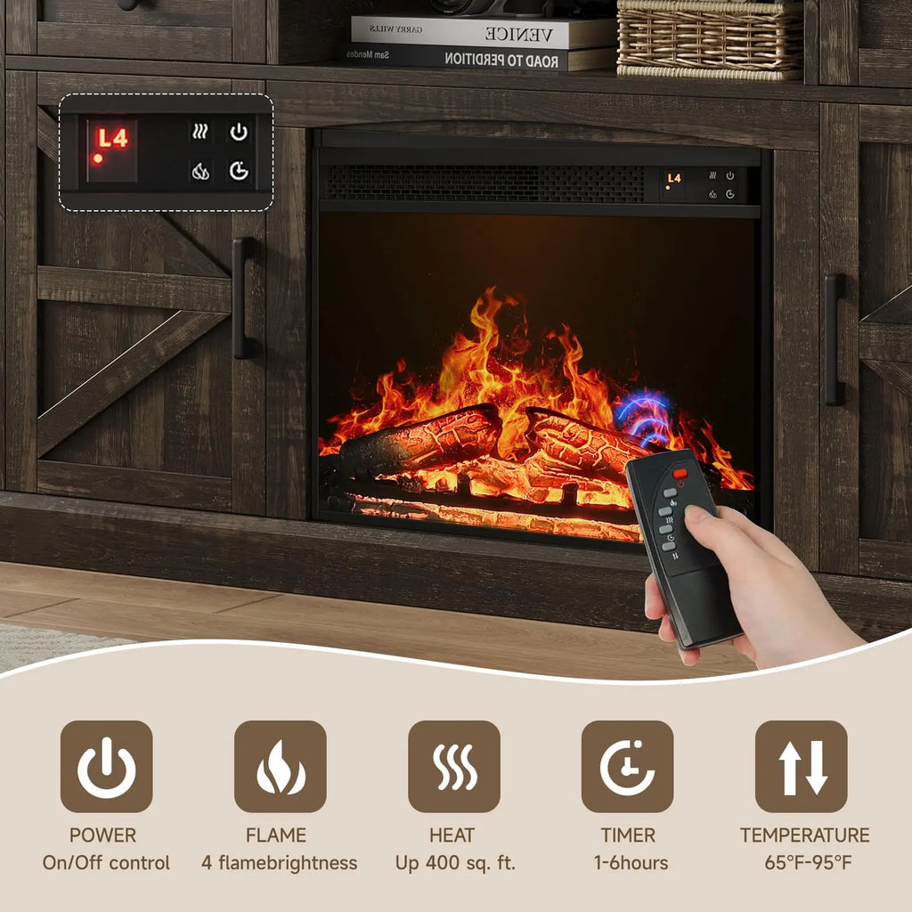 Fireplace remote and front controls showing four flame levels, a 1–6 hour timer and 65–95°F temperature settings.