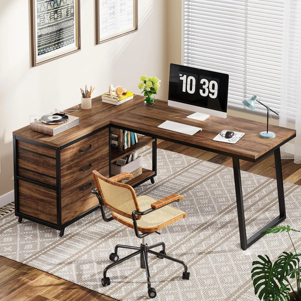 L-Shaped Computer Desk with Drawers & Shelves – Rustic Brown