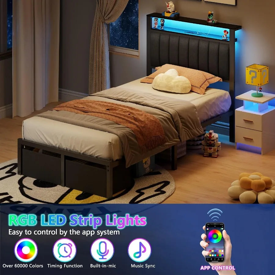 App-controlled RGB strip-light feature panel on a dark gray bed