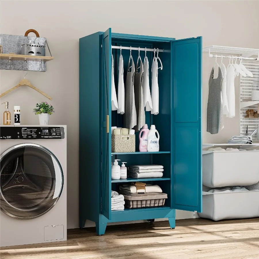 Open blue wardrobe in a laundry room with hanging garments, folded linens and shelf storage.