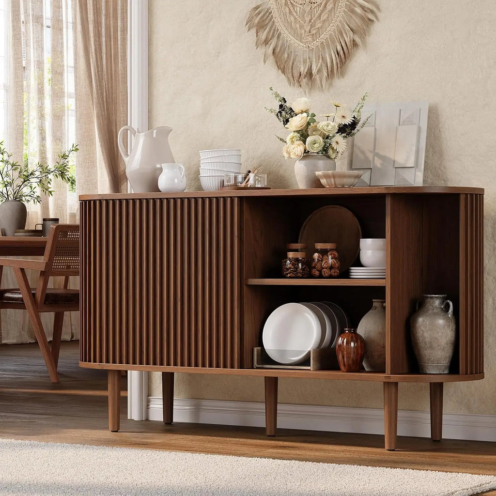 Liltcrest sideboard with the right sliding door open and tableware on the shelves