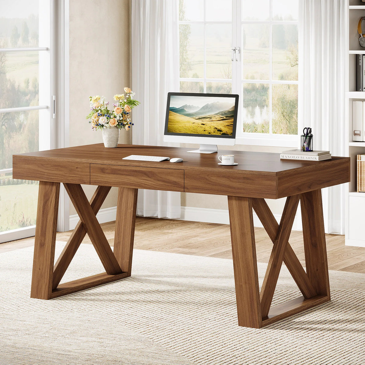 Irisarc single-drawer desk shown with a computer by a window