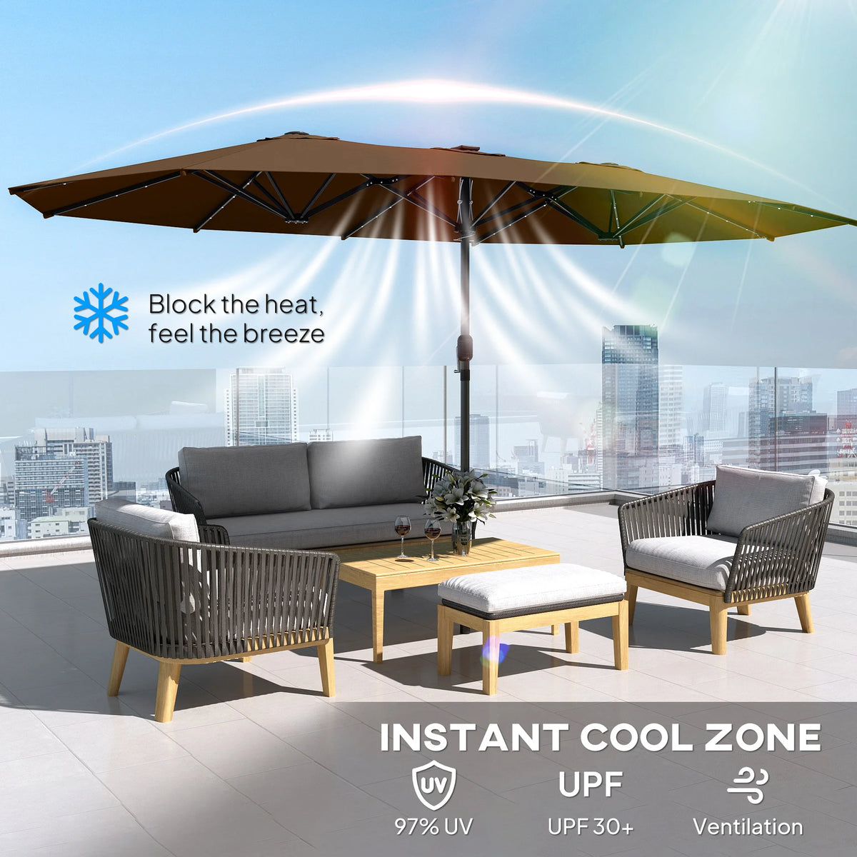Virello 15' Solar LED Double-Sided Patio Umbrella – Coffee