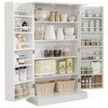 Open white pantry cabinet on a plain background, showing five interior storage levels and six racks on each door.
