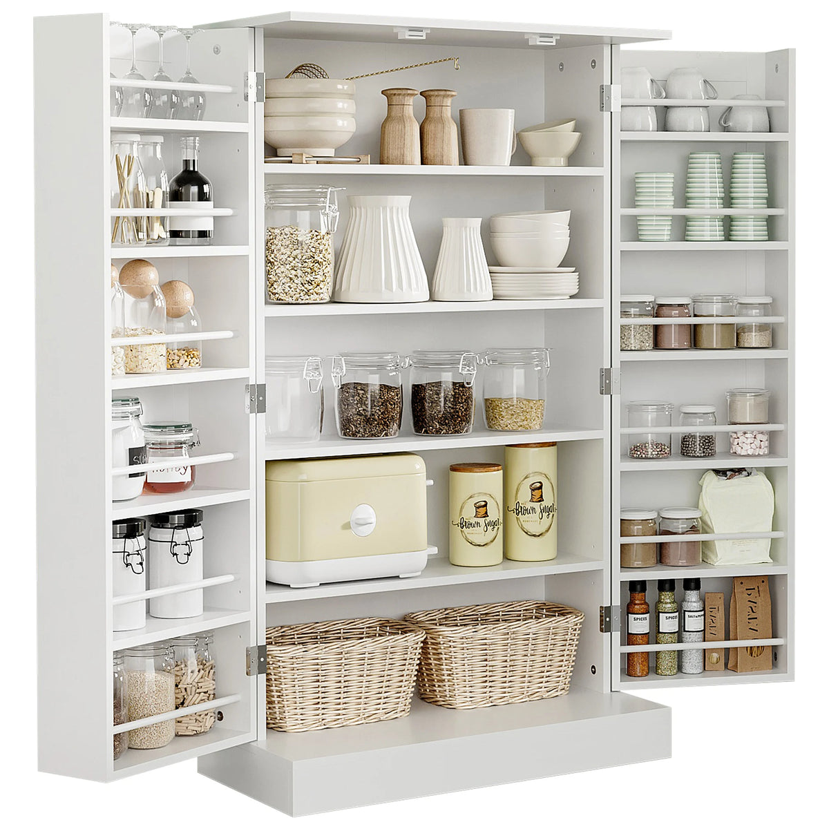 Open white pantry cabinet on a plain background, showing five interior storage levels and six racks on each door.
