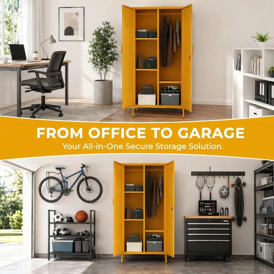Office and garage storage examples using the same yellow metal wardrobe.