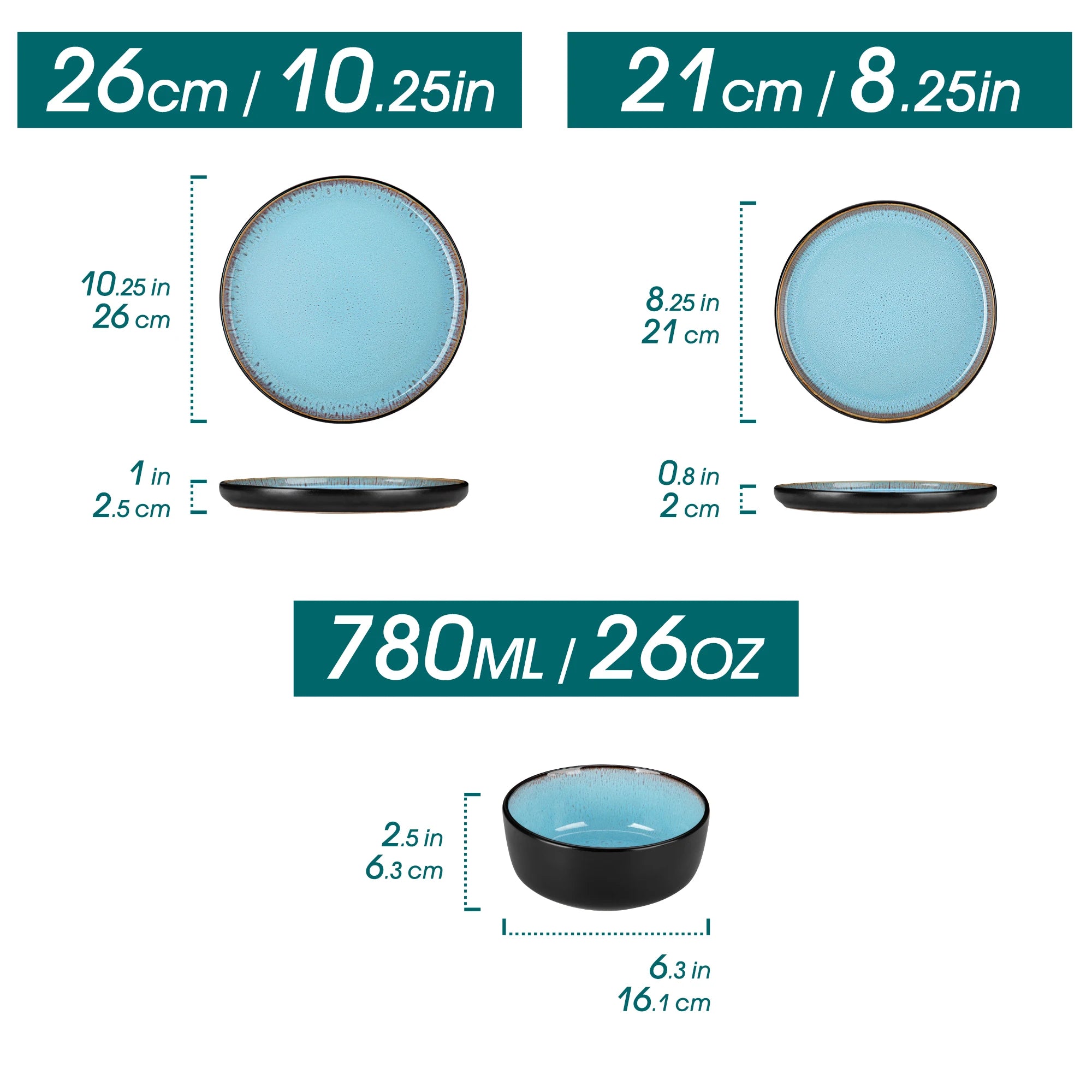 Measurement chart comparing two sizes of bowls with dimensions and volume indicated.